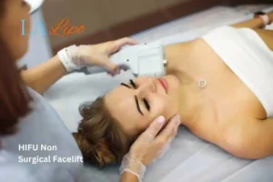 Woman having Hi-Fu to reduce wrinkles Bridgend.