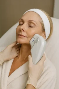 Woman receiving HIFU non surgical facelift treatment Bridgend