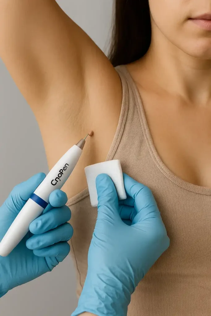 woman having cryopen to remove underarm skin tags Bridgend