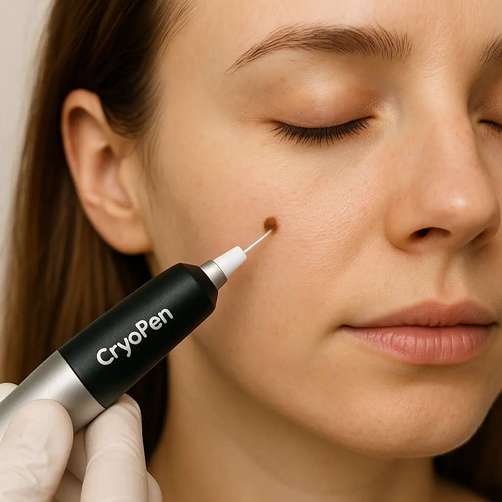 woman receiving facial mole removal Bridgend using cryopen 