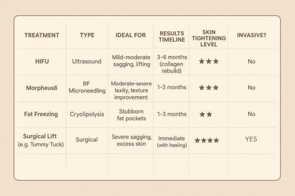 Table showing the comparisons of Skin tightening Bridgend treatment options. 